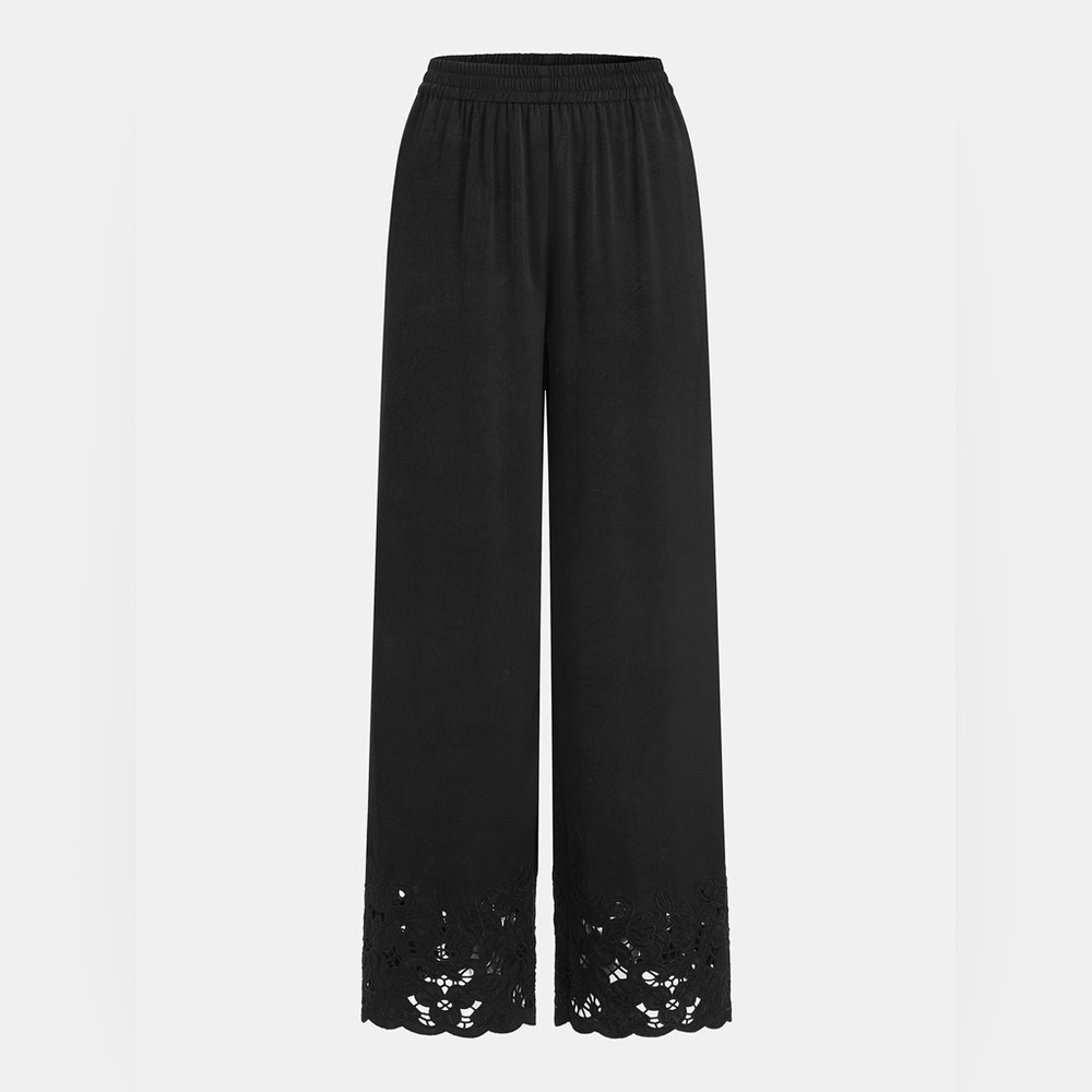 Commense Elastic Waist Lace Hem Wide Leg Pants